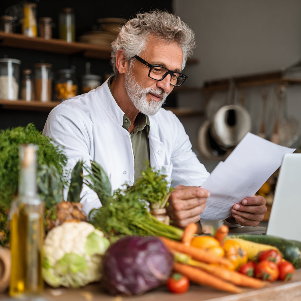 Experienced middle-aged nutritionist reviewing personalized meal plans with natural ingredients displayed on table