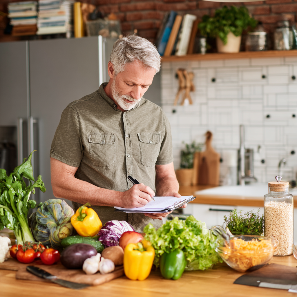 Middle-aged person carefully planning balanced meals with fresh vegetables and grains on kitchen counter